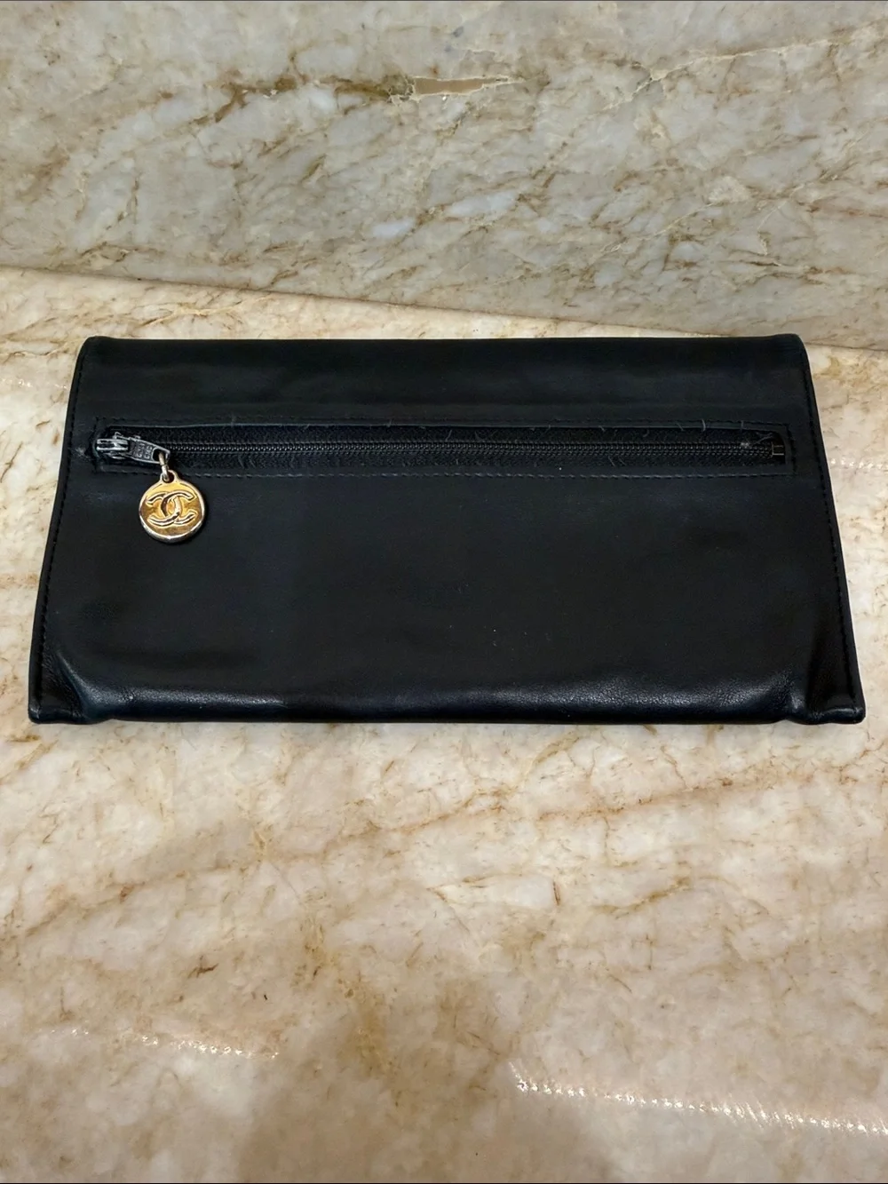 CHANEL Black Leather CC Logo Lambskin Envelope Clutch